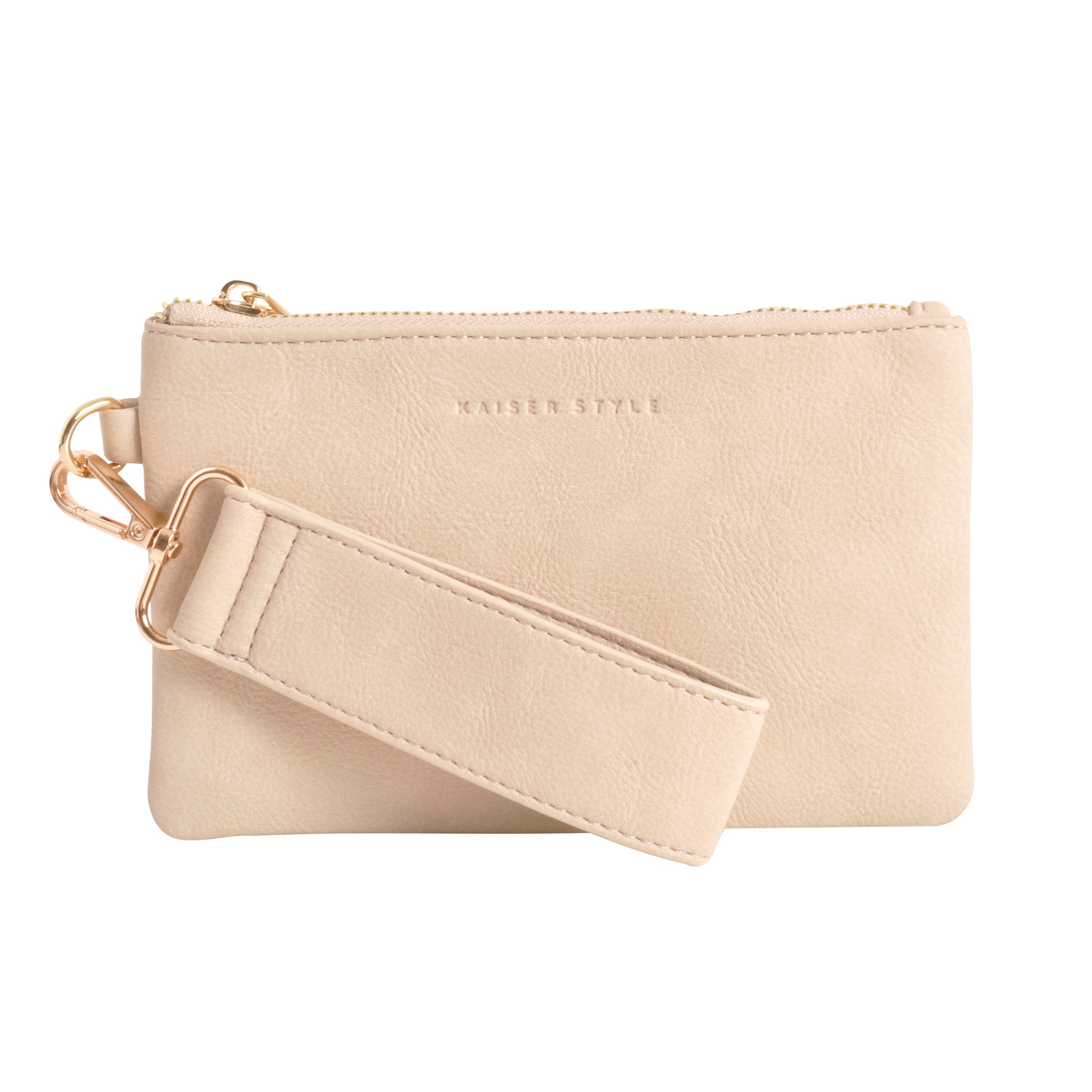 Faux Leather Clutch with Strap - Beige